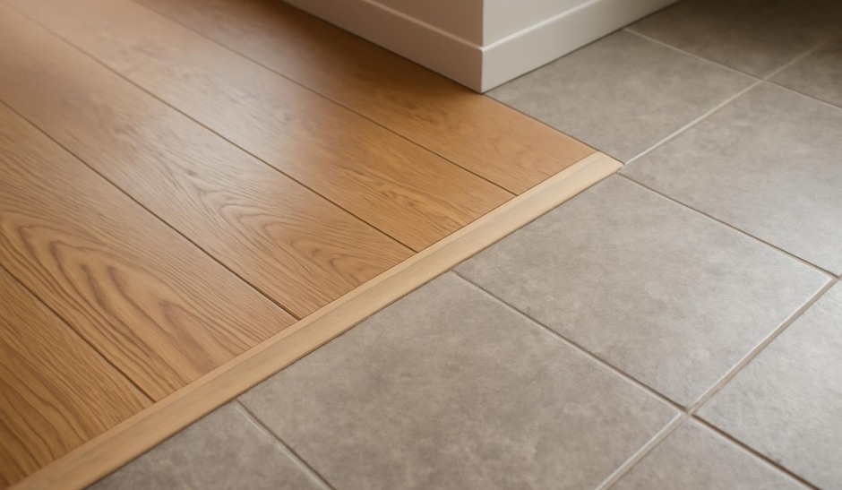 Close view of a junction between wood flooring and stone tile with recessed trim