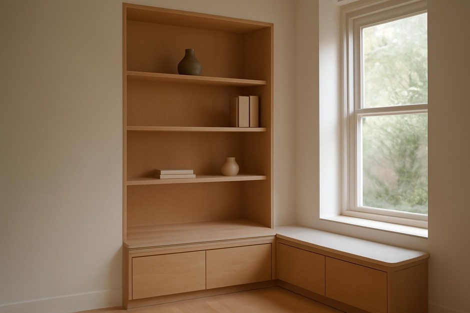 Custom built-in shelving and bench with integrated storage in a renovated alcove