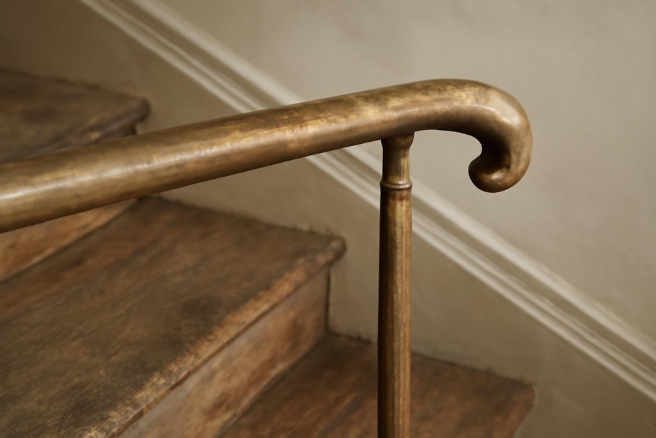 Close-up of worn brass handrail and aged wood stair tread
