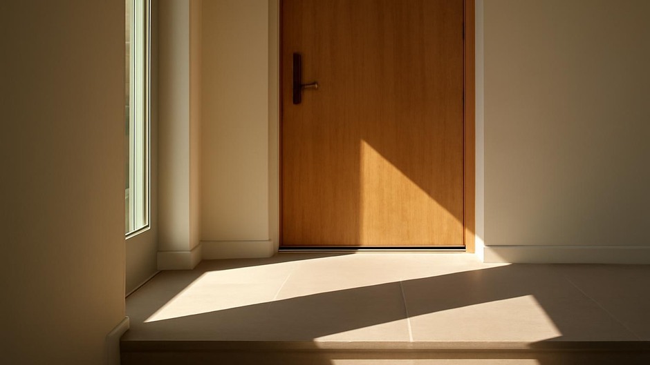 Sunlit entry landing with long shadow and textured door surface