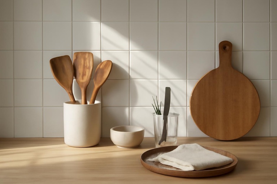 Minimal kitchen counter with arranged utensils and sunlight on tiled backsplash