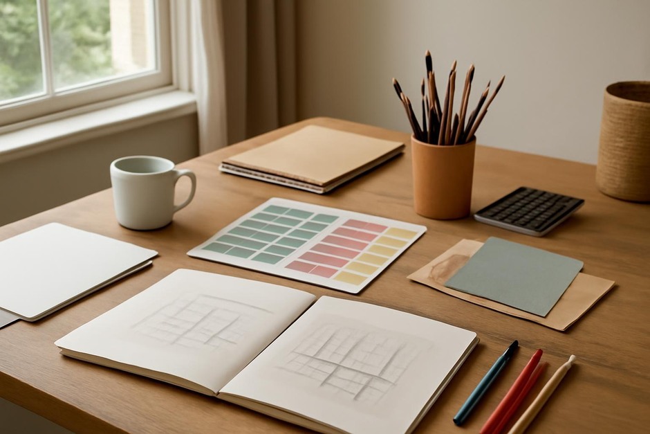 Abstract art desk with color swatches, brush marks, and sketchbook studies.