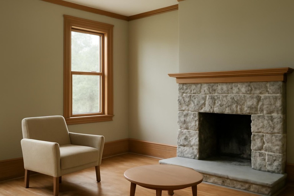 Soft muted palette of painted wall, timber trim, and stone hearth in a renovated room