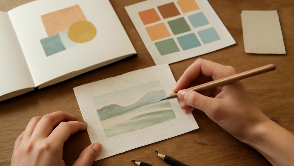 Bright studio image with paint textures, paper layers, and geometric color blocks.
